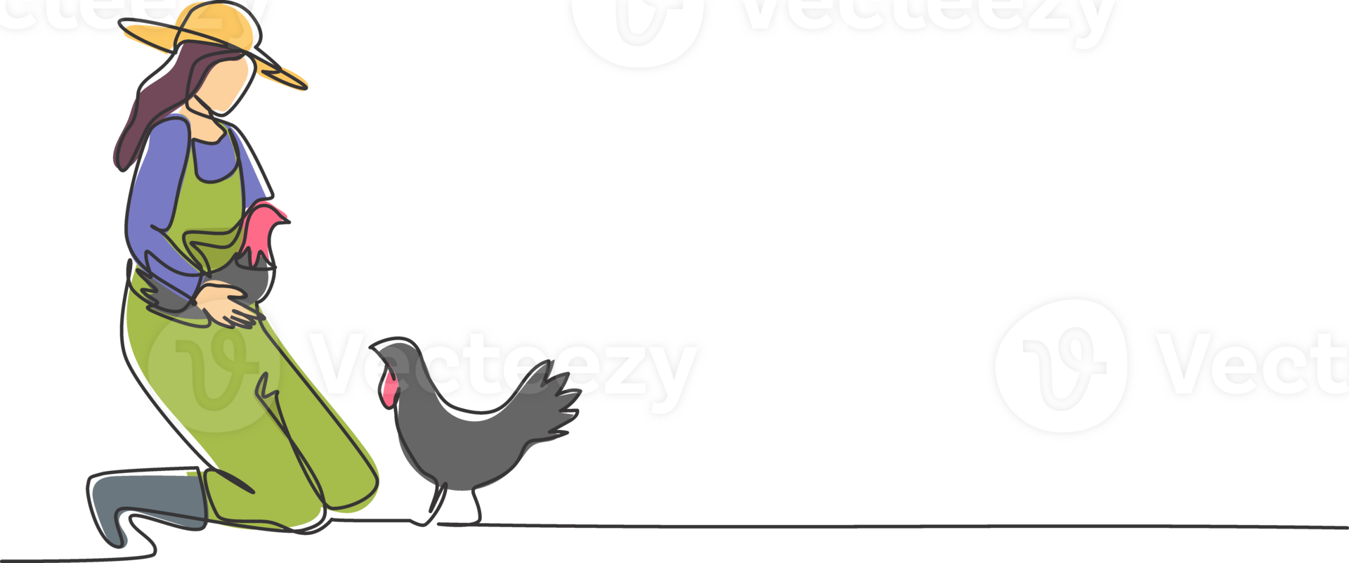 Continuous one line drawing young female farmer knelt down to pick up the chicken. To return to the coop. Successful farming minimalist concept. Single line draw design graphic illustration. png