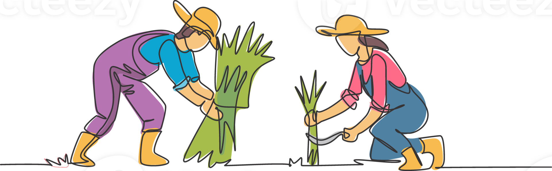 Single one line drawing of couple farmer was harvesting rice and there was also rice that had been tied up. Farming challenge minimal concept. Continuous line draw design graphic illustration. png