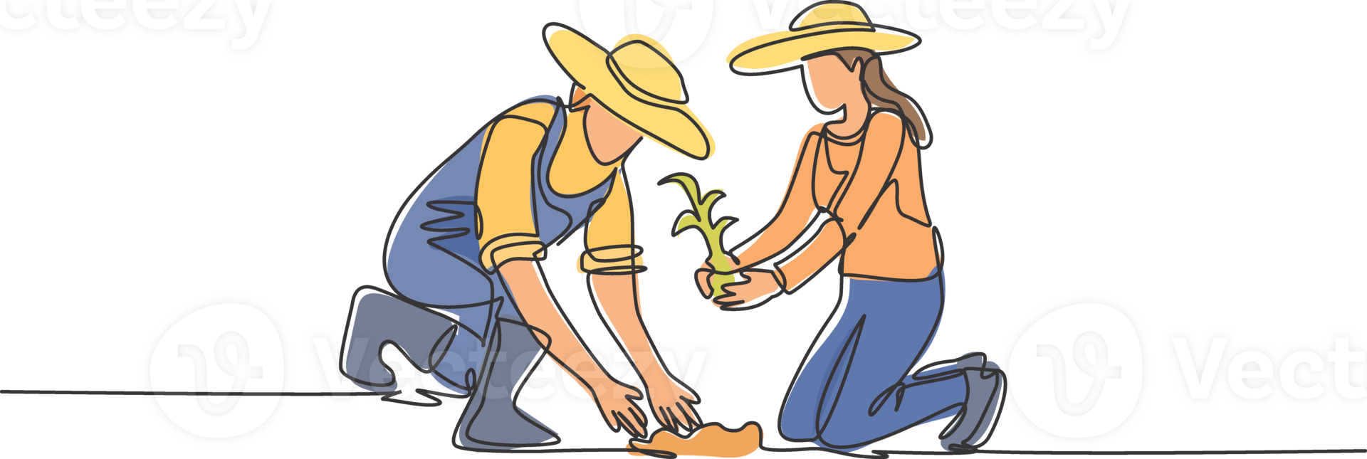 Single continuous line drawing couple farmer planting plant shoots in the ground. Start the planting period. Minimalism metaphor concept. Dynamic one line draw graphic design illustration. png