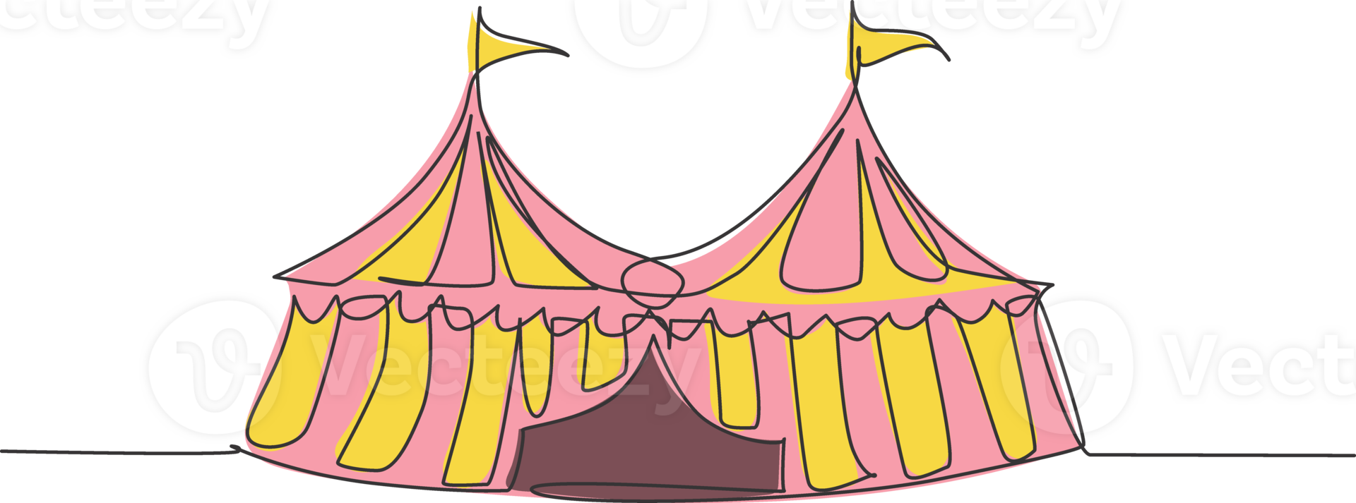 Single one line drawing of two circus tents together with stripes and flags at the top. Show place for clowns, magicians, animals. Modern continuous line draw design graphic illustration. png