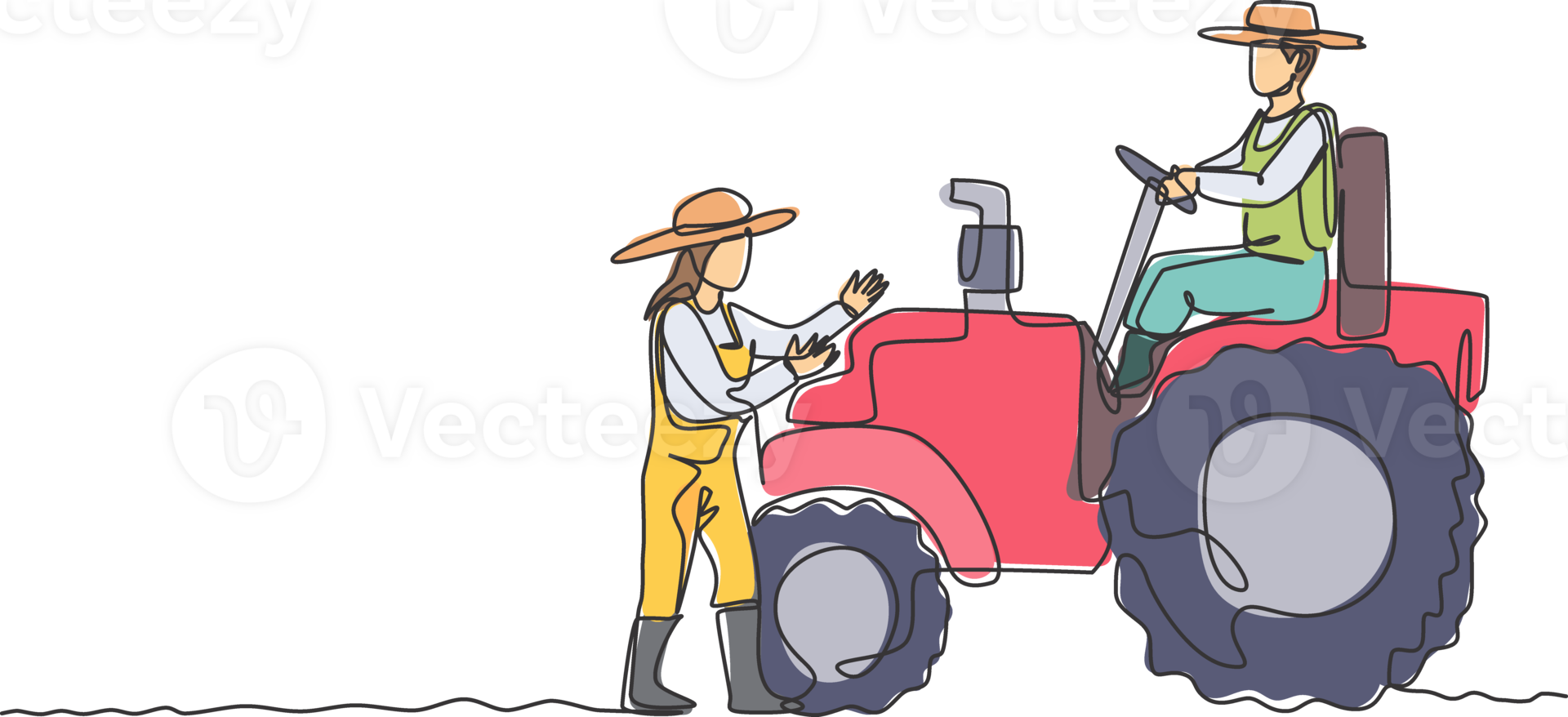 Single continuous line drawing male farmer drive a tractor to plow the fields and female farmers helped. Successful farming challenge minimal concept. One line draw graphic design illustration. png