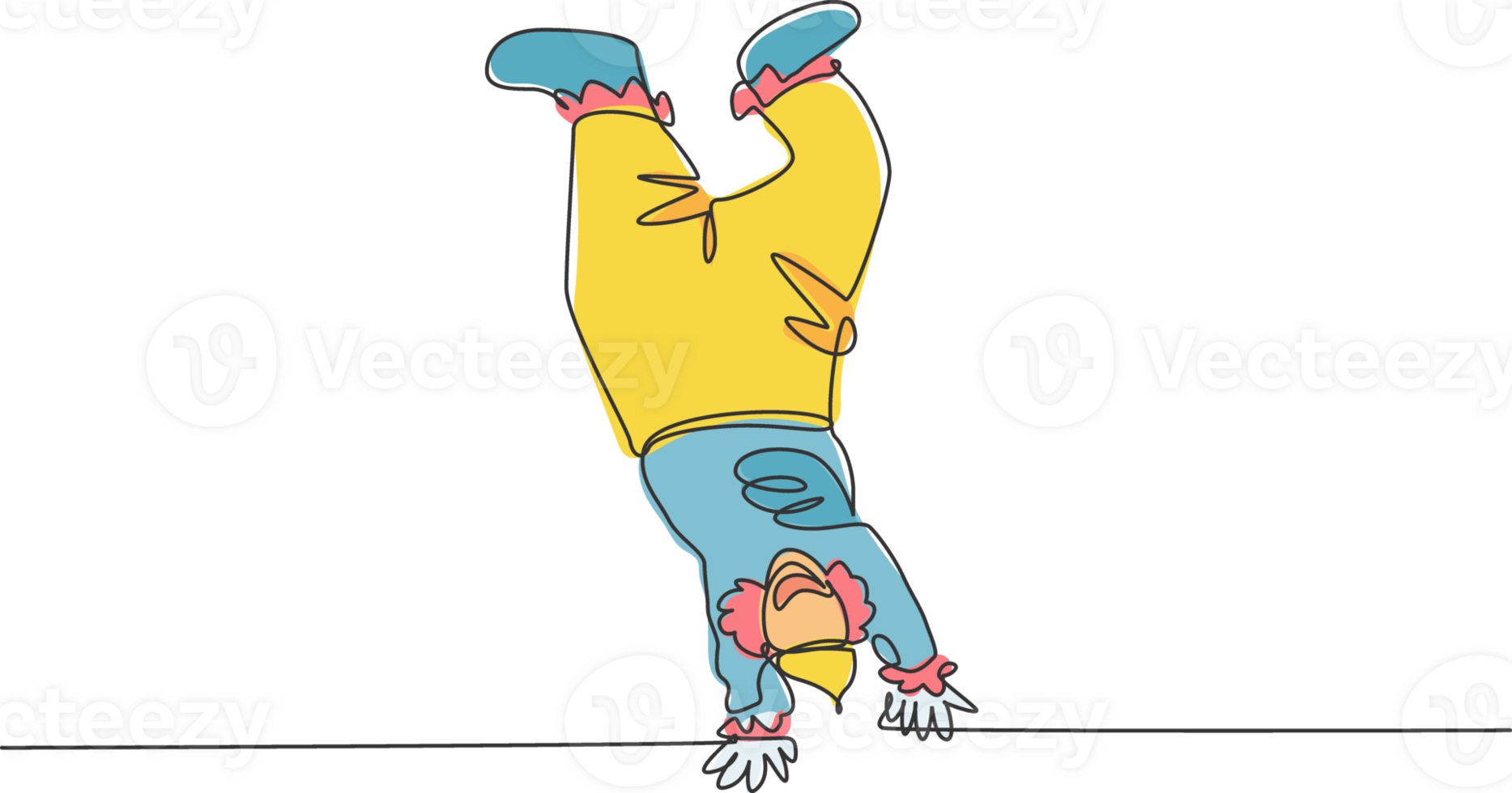 Continuous one line drawing male clowns perform handstand stunts which amaze all the audience. Really great show on the circus stage this time. Single line draw design graphic illustration. png