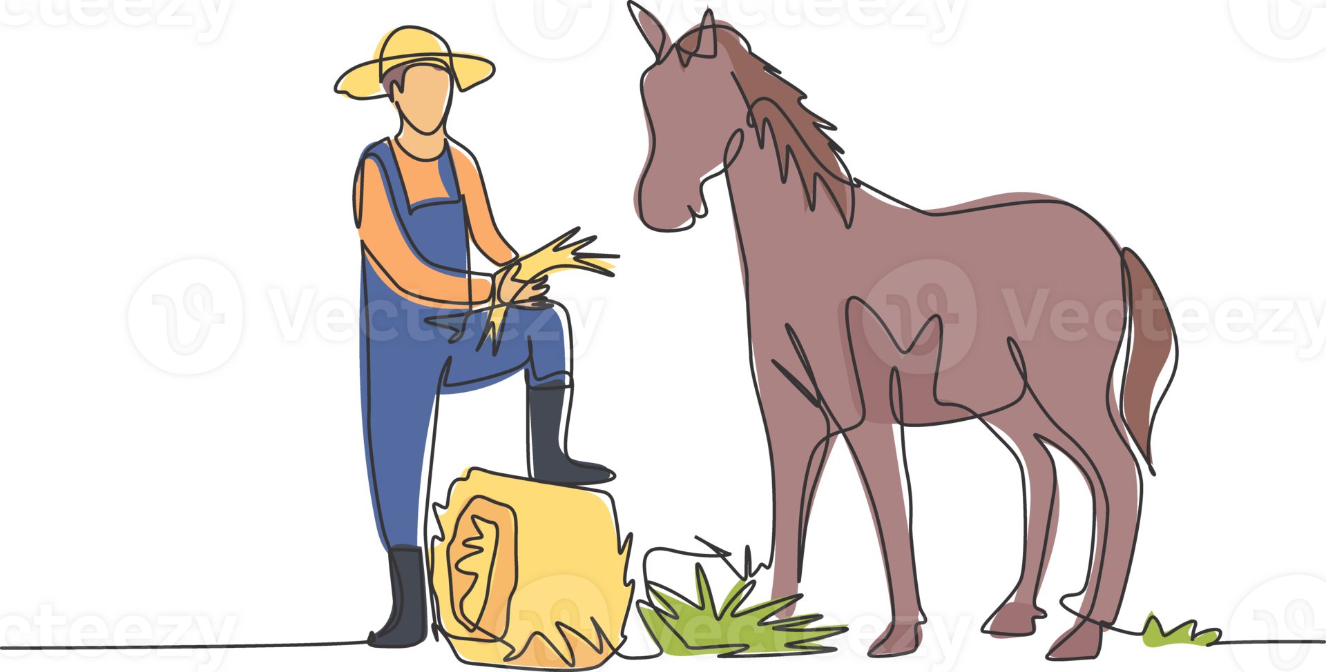 Single continuous line drawing young male farmer stomped one of its feet into the curled hay as it was about to feed the horse. Minimalism concept. One line draw graphic design illustration. png