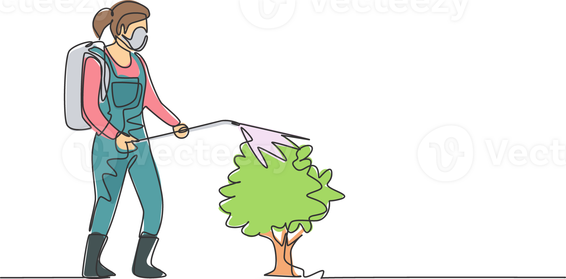 Continuous one line drawing female farmer, complete with a mask, is spraying the plants with a disinfectant sprayer. Farming minimalist concept. Single line draw design graphic illustration. png