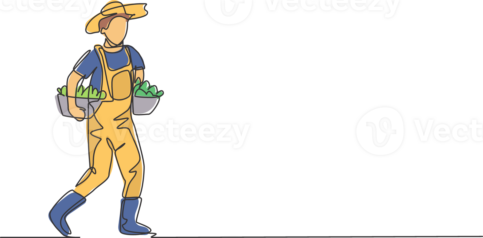 Single continuous line drawing male farmer carrying boxes and baskets of fruit in his right and left hands. Successful harvest minimalism concept. One line draw graphic design illustration png