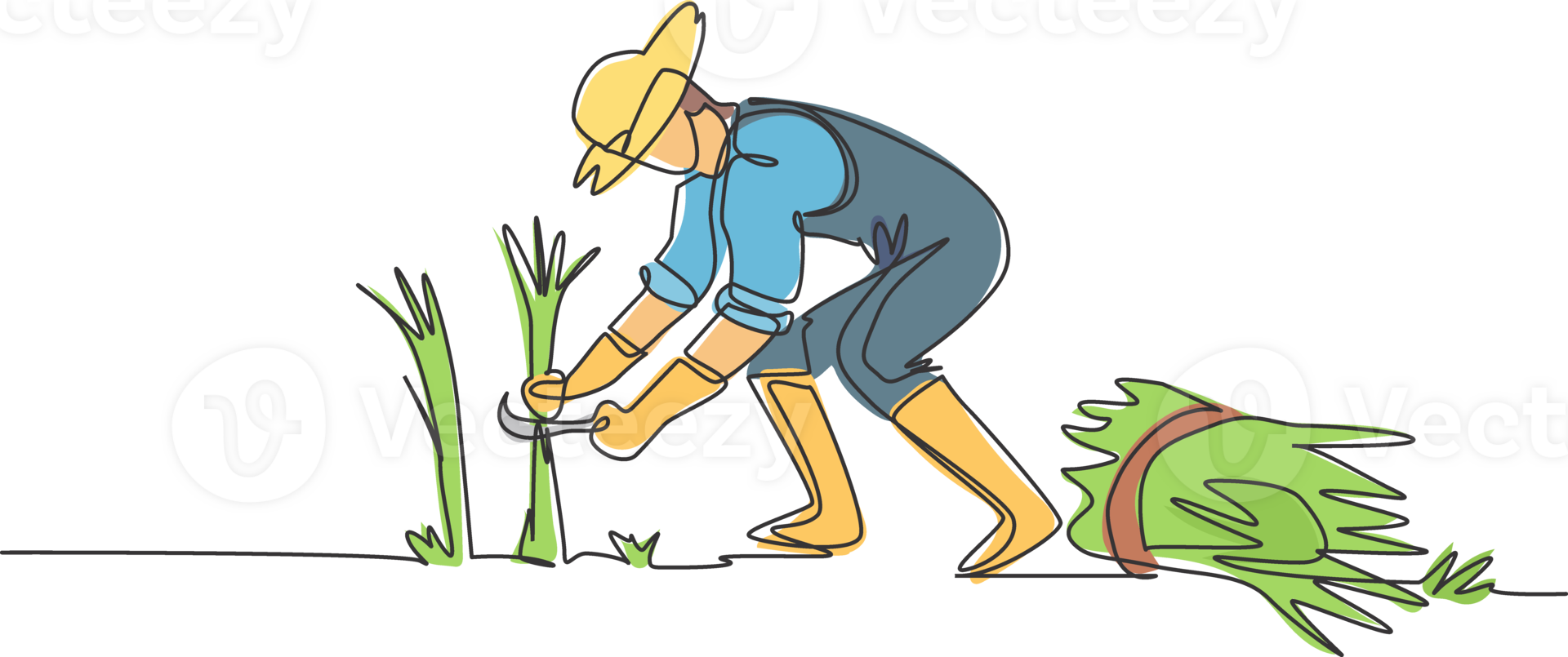 Single one line drawing of young male farmer was harvesting rice and there was also rice that had been tied up. Farming challenge minimal concept. One line draw design graphic illustration. png