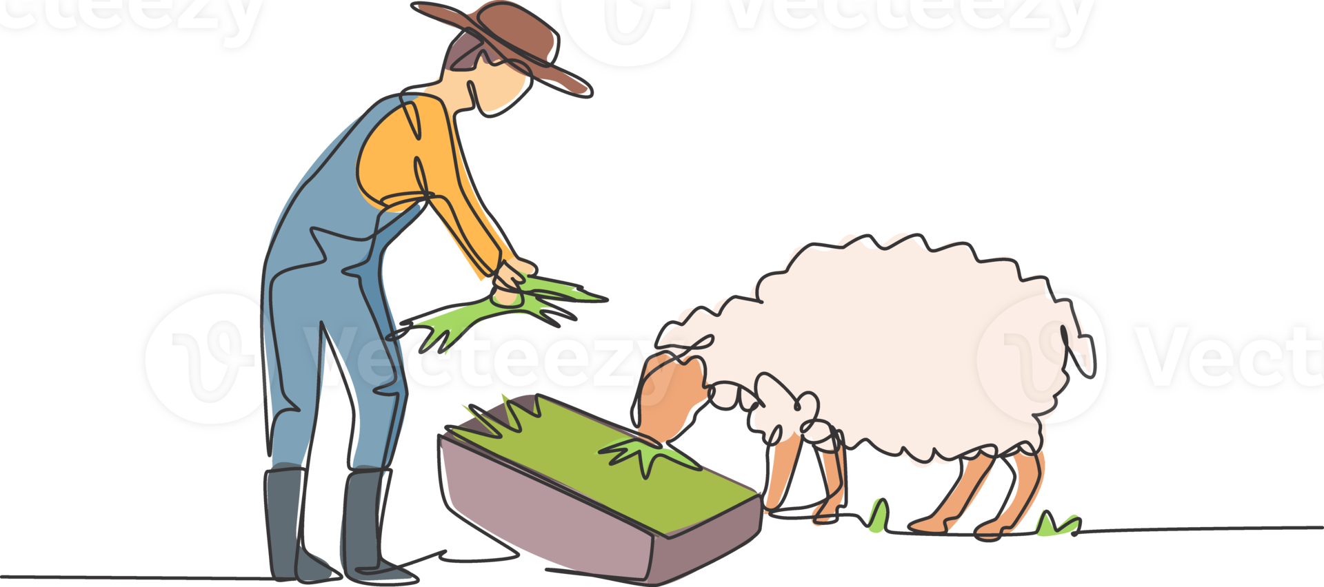 Single continuous line drawing young male farmer is feeding the sheep so that the sheep will be healthy and produce the best meat. Minimalism concept. One line draw graphic design illustration. png