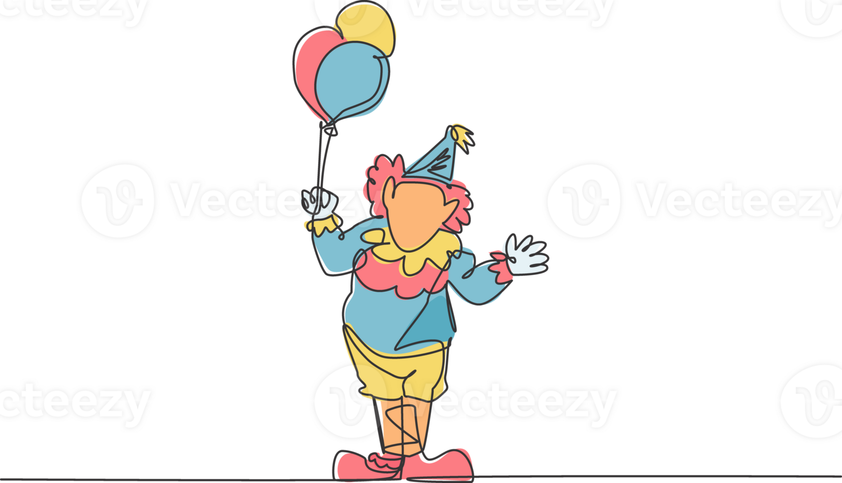 Single continuous line drawing the male clown stands while holding several balloons in his right hand. Children really like the show. Dynamic one line draw graphic design illustration. png