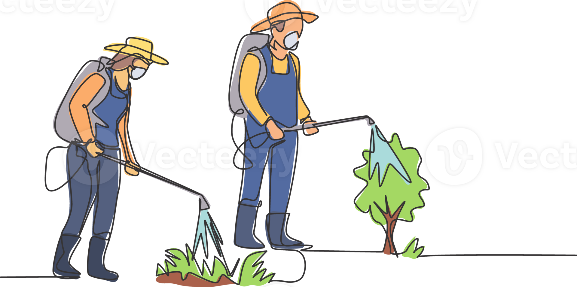 Single one line drawing of couple farmer complete with a mask spraying the plants with disinfectant sprayer. Farming minimalism concept. Continuous line draw design graphic illustration png