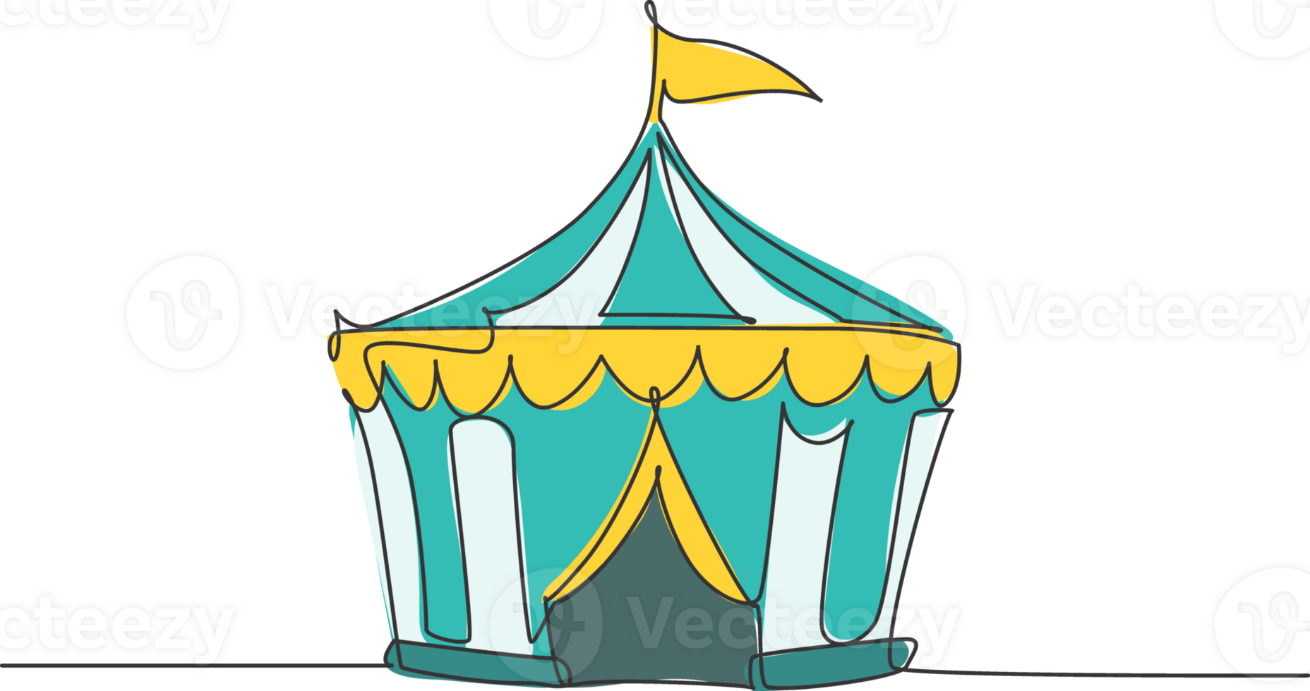 Single one line drawing of circus tent shaped like a pentagon with stripes and a flag at the top. Where clowns, magicians, animals perform. Continuous line draw design graphic illustration. png