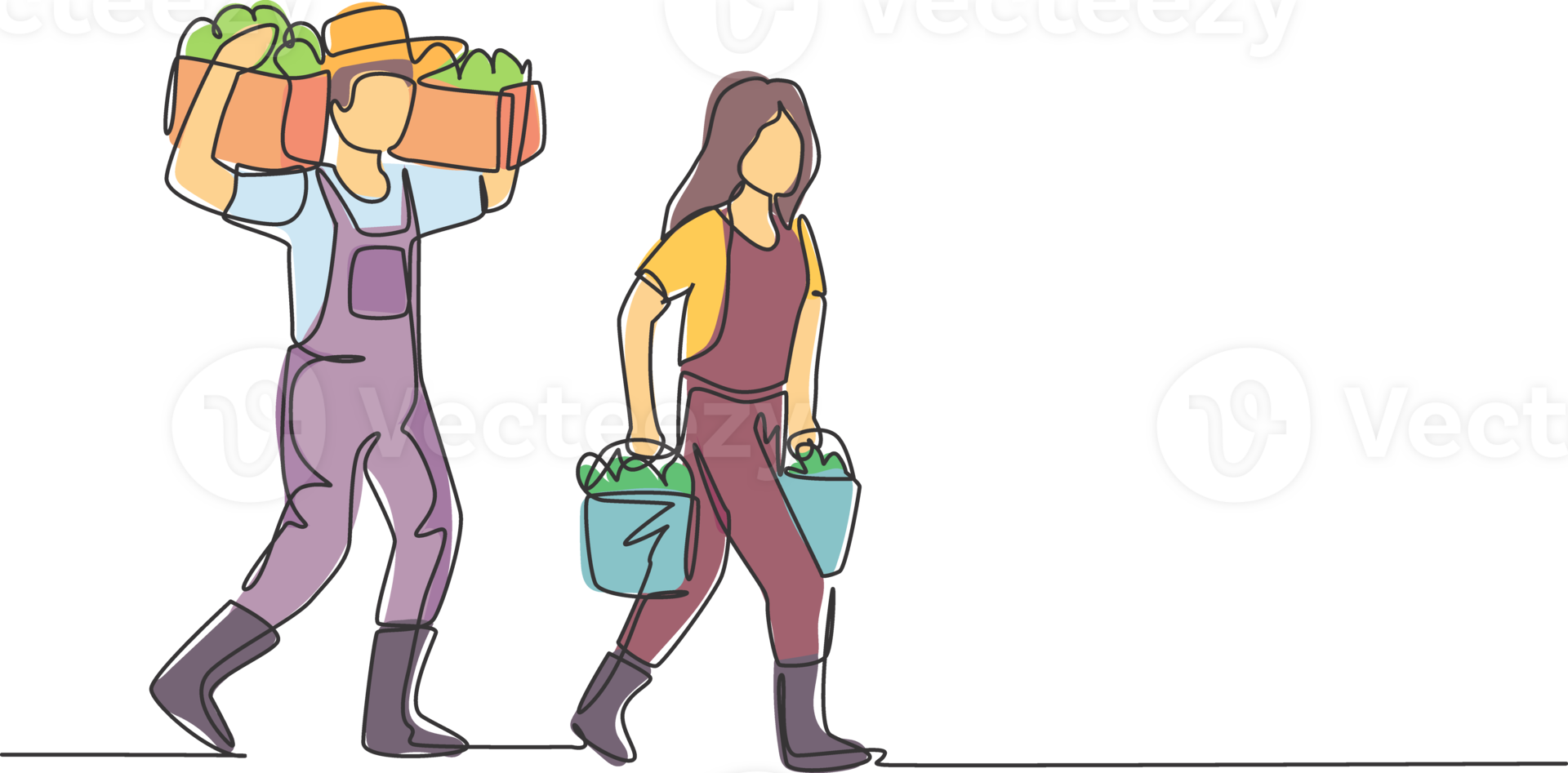 Continuous one line drawing couple farmer carrying boxes and baskets of fruit in their right and left hands and shouldered it. Minimalist concept. Single line draw design graphic illustration. png