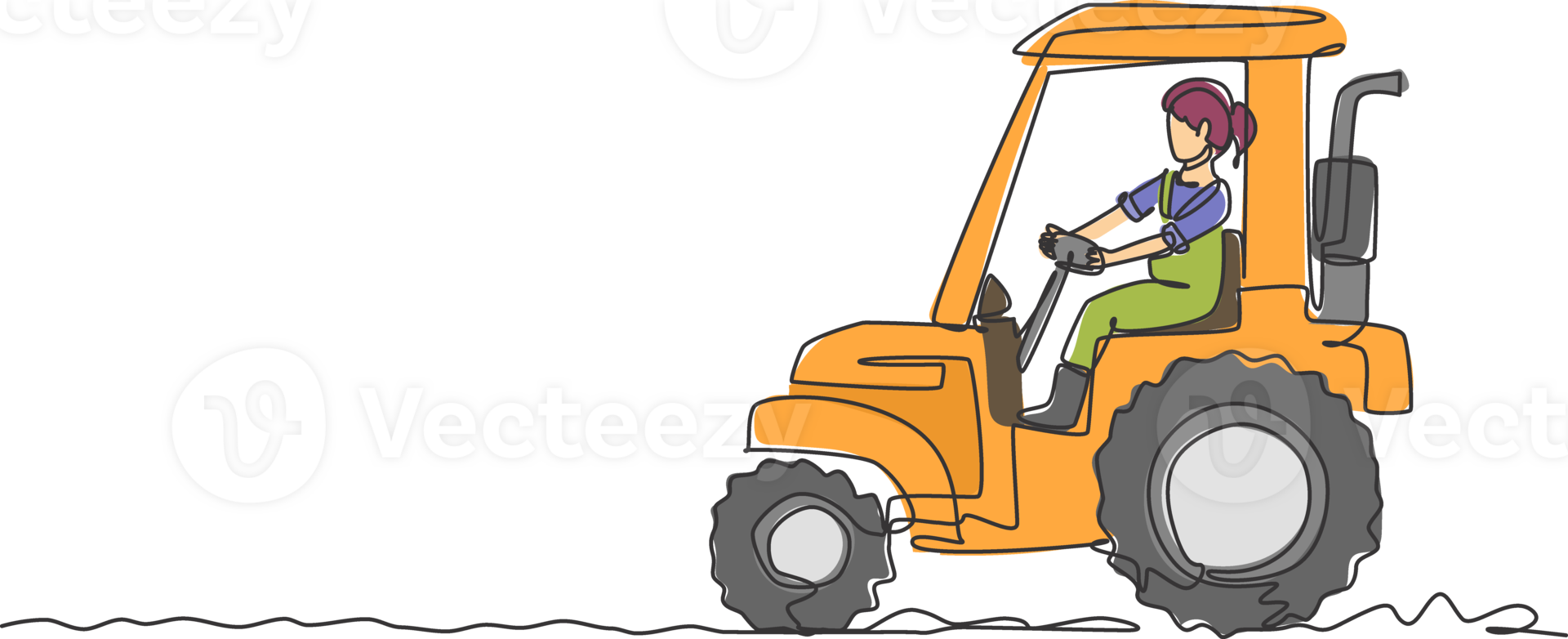 Single one line drawing of young female farmer drive a tractor to plow the fields. Successful farming challenge minimal concept. Modern continuous line draw design graphic illustration. png