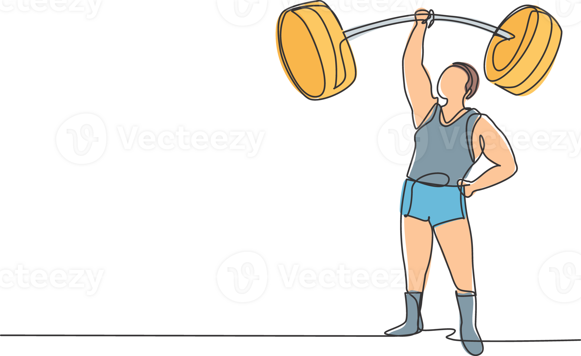 Single continuous line drawing the strongman lifted the curved barbell