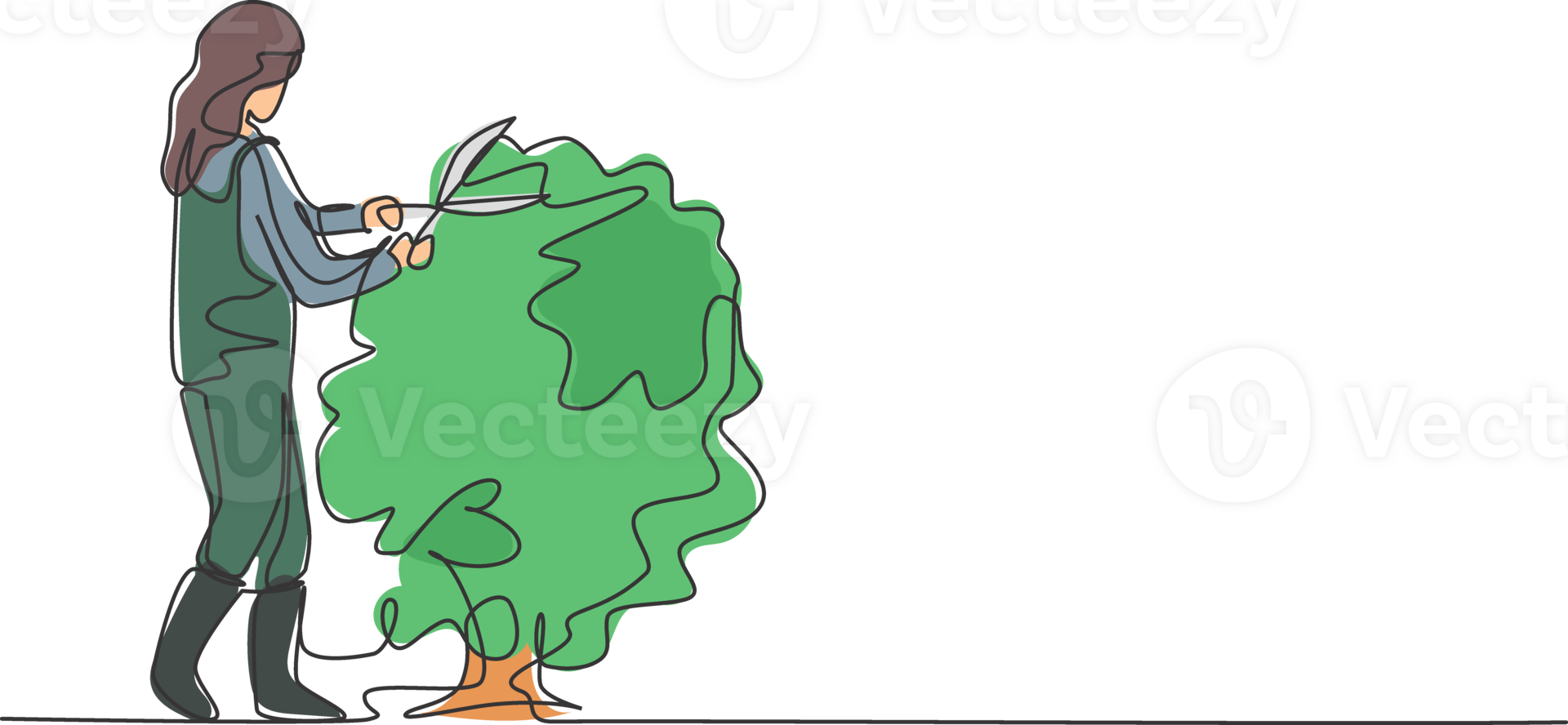 Continuous one line drawing young female farmer cut the leaves on the tree using plant scissors. Farming challenge minimalist concept. Single line draw design graphic illustration. png