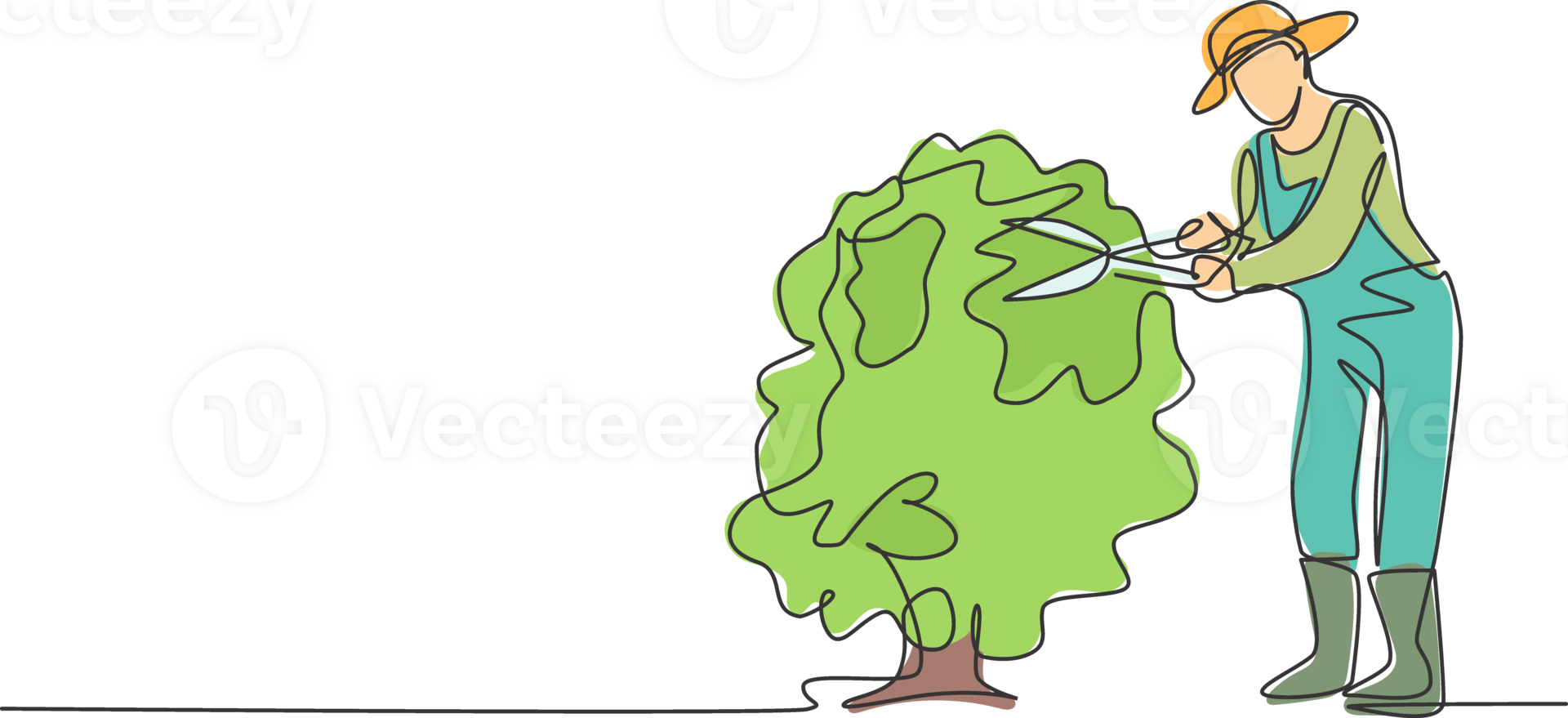 Single one line drawing of young male farmer cut the leaves on the tree using plant scissors. Farming challenge minimalist concept. Modern continuous line draw design graphic illustration. png