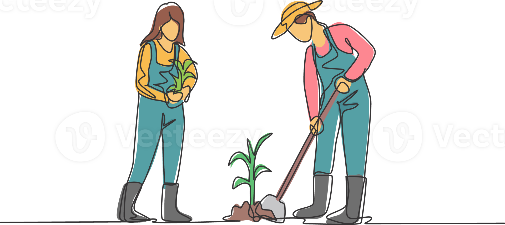 Single continuous line drawing young couple farmer shoveled the soil with the plants using a shovel. Planting new plants. Farming minimalism concept. One line draw graphic design illustration. png