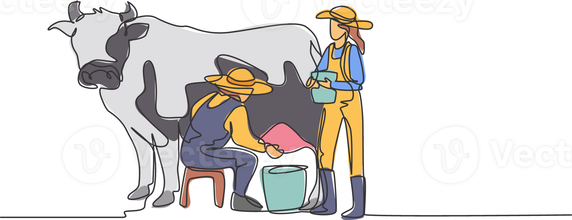 Continuous one line drawing happy couple farmer milking a cow with traditional way together. A successful harvest activity minimalism concept. Single line draw design graphic illustration. png