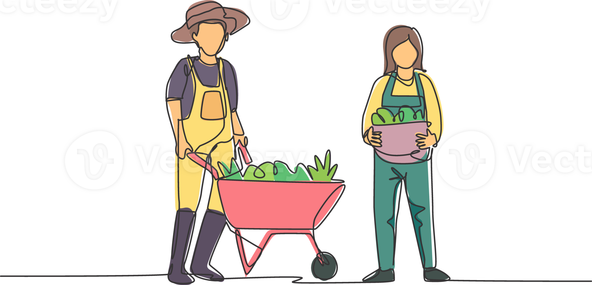 Single continuous line drawing happy couple farmer with wheelbarow trolley and basket full of fruits. A successful harvest activity minimalism concept. One line draw graphic design illustration png