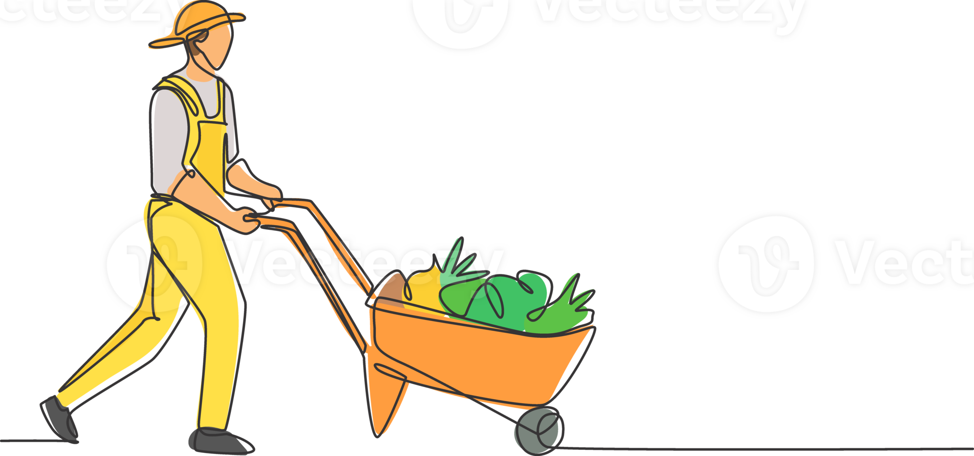 Single one line drawing of male farmer pushes the wheelbarrow trolley filled with fruits. A successful harvest activity minimalist concept. Continuous line draw design graphic illustration. png