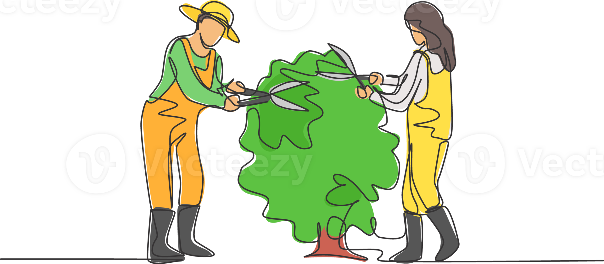 Continuous one line drawing young couple farmer cut the leaves on the tree using plant scissors together. Farming challenge minimalist concept. Single line draw design graphic illustration. png