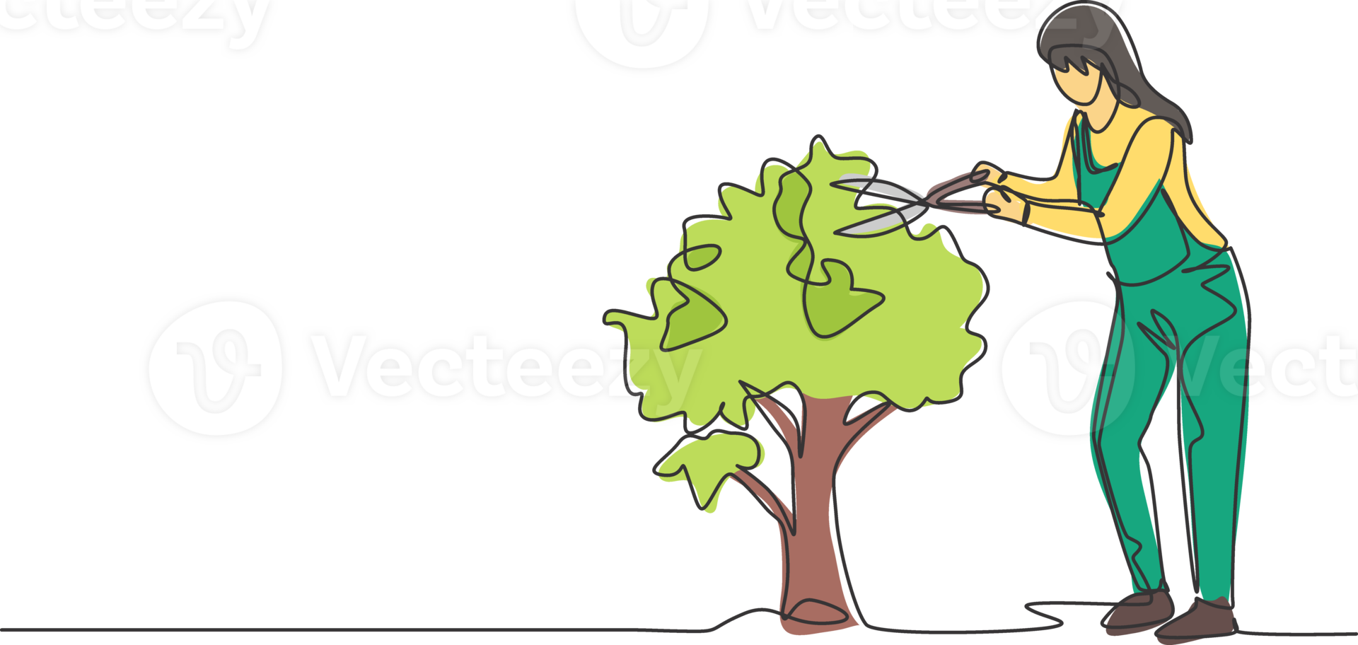 Continuous one line drawing young female farmer cut the leaves on the tree using plant scissors. Farming challenge minimalist concept. Single line draw design graphic illustration. png