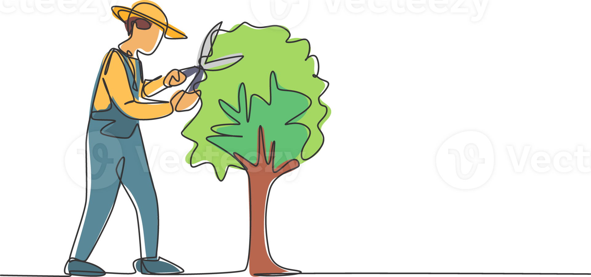 Single one line drawing of young male farmer cut the leaves on the tree using plant scissors. Farming challenge minimalist concept. Modern continuous line draw design graphic illustration. png