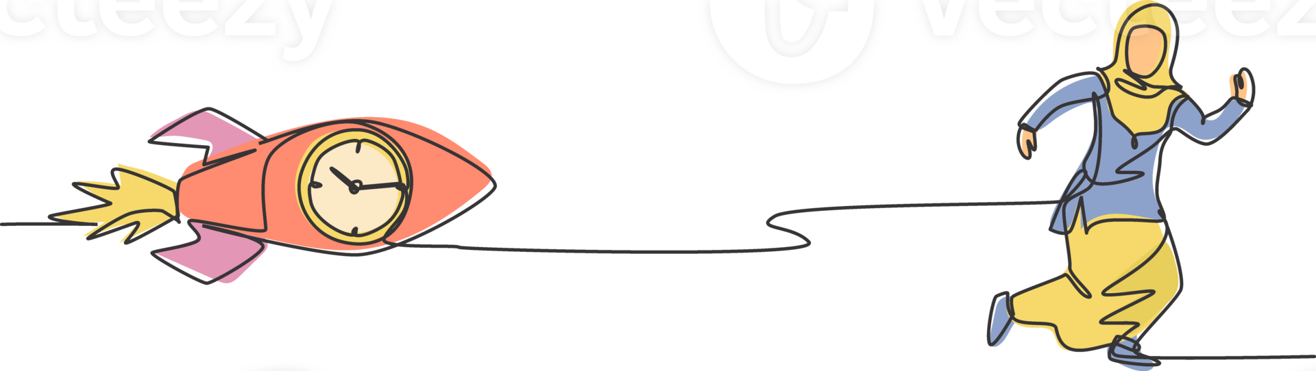 Single continuous line drawing young Arab business woman chased by flying rocket with analog clock inside. Rush hour management minimalist concept. One line draw graphic design illustration. png