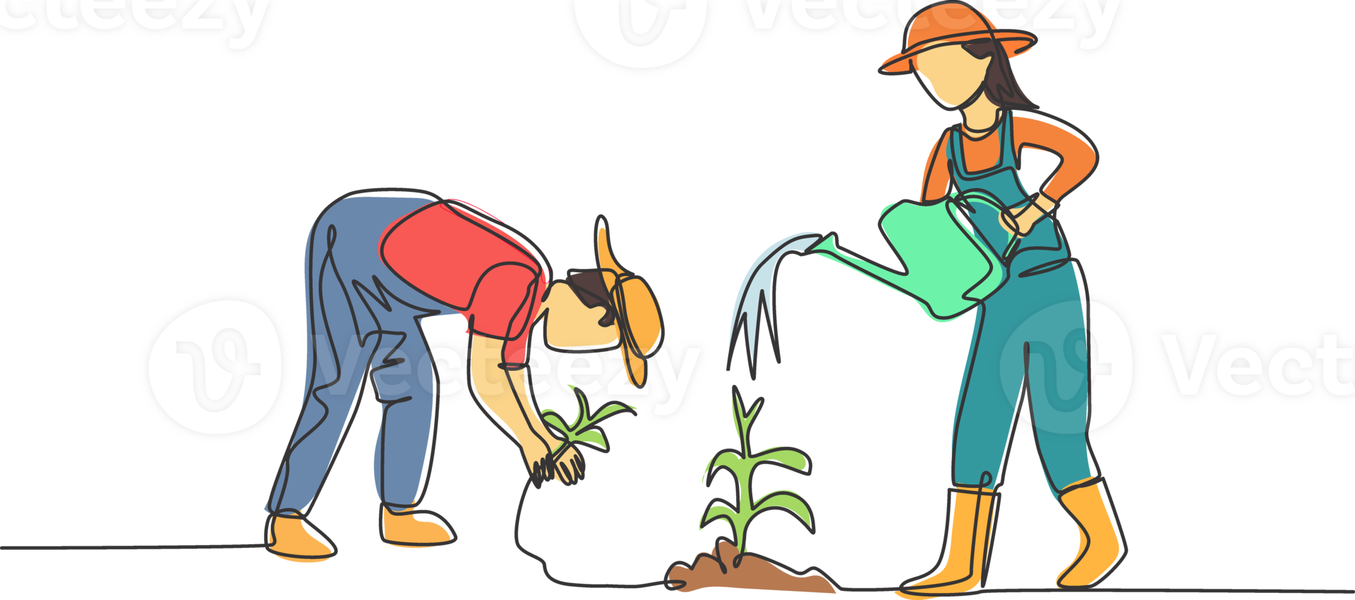 Single one line drawing of couple farmer water the plants using a watering can and planting plants. Farmer planting activities concept. Modern continuous line draw design graphic illustration. png