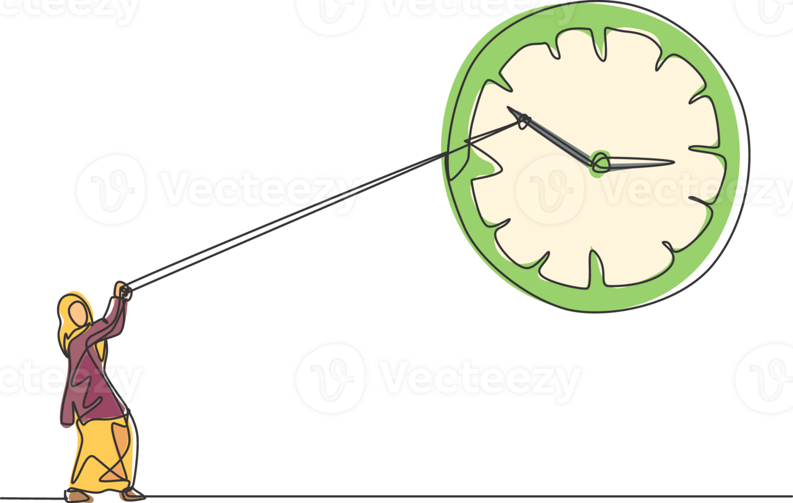 single doorlopend lijn tekening jong Arabisch bedrijf vrouw trekken met de klok mee van groot analoog muur klok met touw. tijd beheer minimalistische concept. een lijn trek grafisch ontwerp illustratie. png
