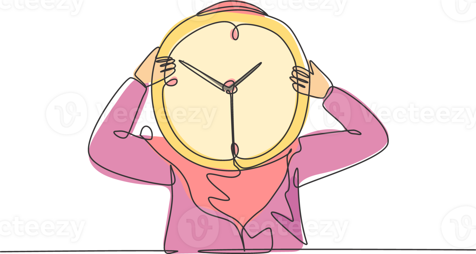 Single one line drawing of young Arabian business woman holding giant analog clock in front her head. Business time discipline metaphor concept. Continuous line draw design graphic illustration png