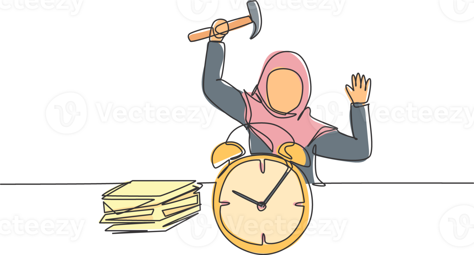 Continuous one line drawing stressful young Arab female worker hit the alarm clock with hammer. Minimalism metaphor business deadline concept. Single line draw design graphic illustration. png