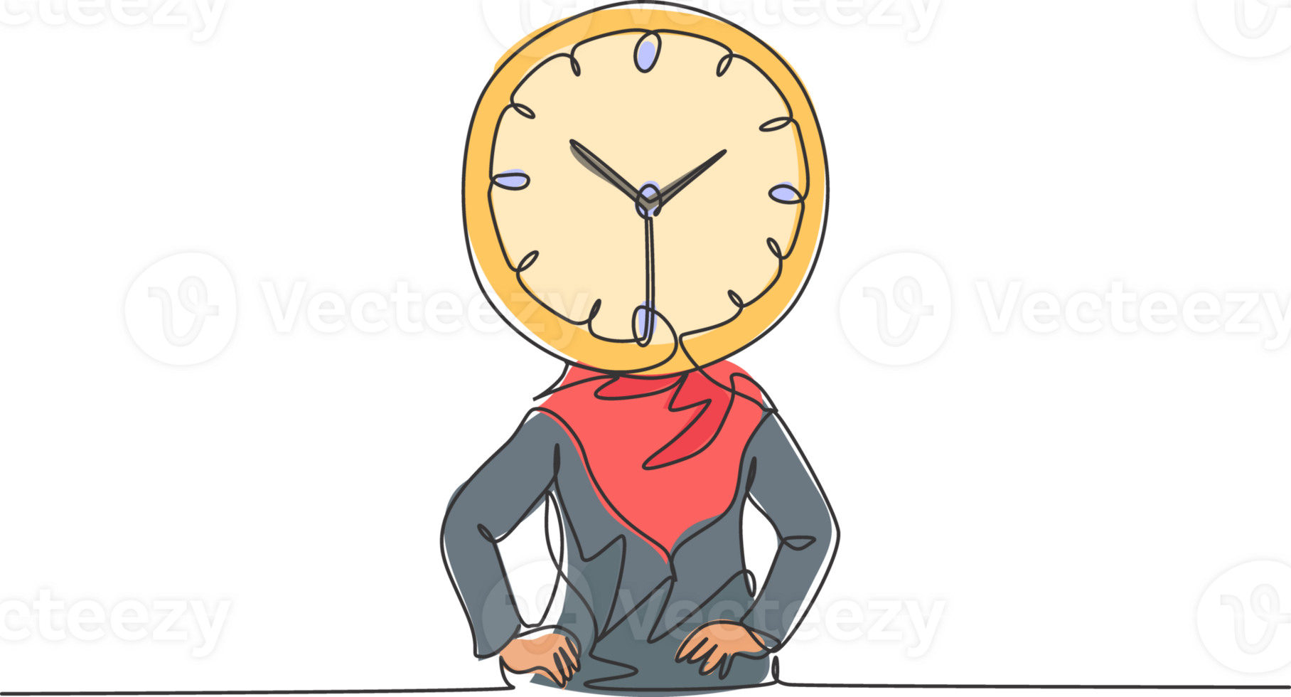 Single continuous line drawing young Arab business woman with analog clock head at the office. Business time discipline metaphor concept. Dynamic one line draw graphic design illustration. png