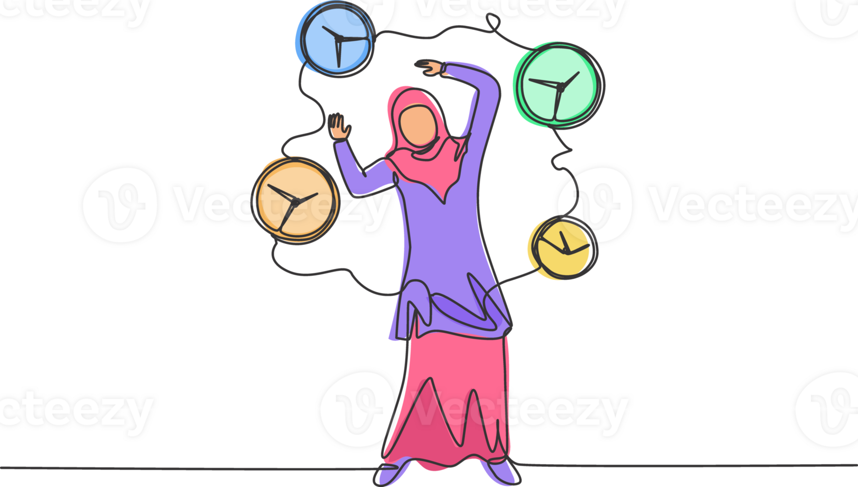 Célibataire un ligne dessin de stressant Jeune arabe affaires femme entouré par en volant analogique horloges. minimalisme métaphore affaires concept. continu ligne dessiner conception graphique illustration. png