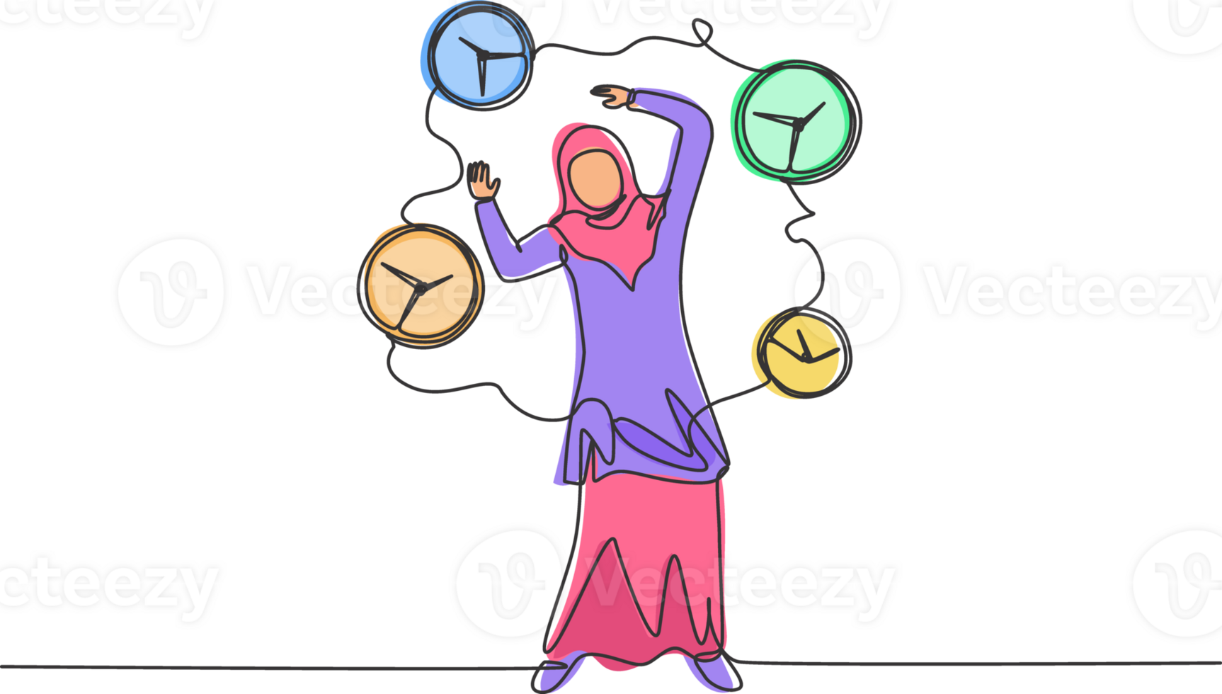 Single one line drawing of stressful young Arabian business woman surrounded by flying analog clocks. Minimalism metaphor business concept. Continuous line draw design graphic illustration. png