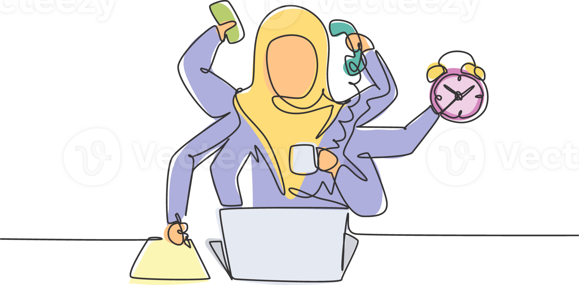 Continuous one line drawing young Arab female worker with holding telephone, alarm clock, paper. Business time discipline metaphor concept. Single line draw design graphic illustration. png
