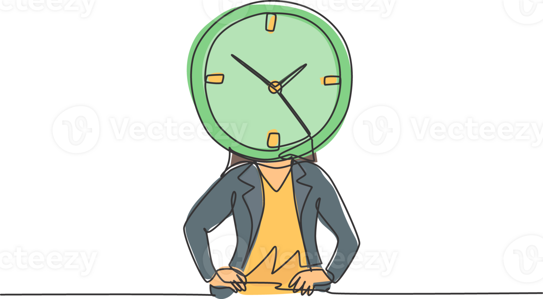 Single one line drawing of young business woman with analog clock head at the office. Business time discipline metaphor concept. Modern continuous line draw design graphic illustration. png