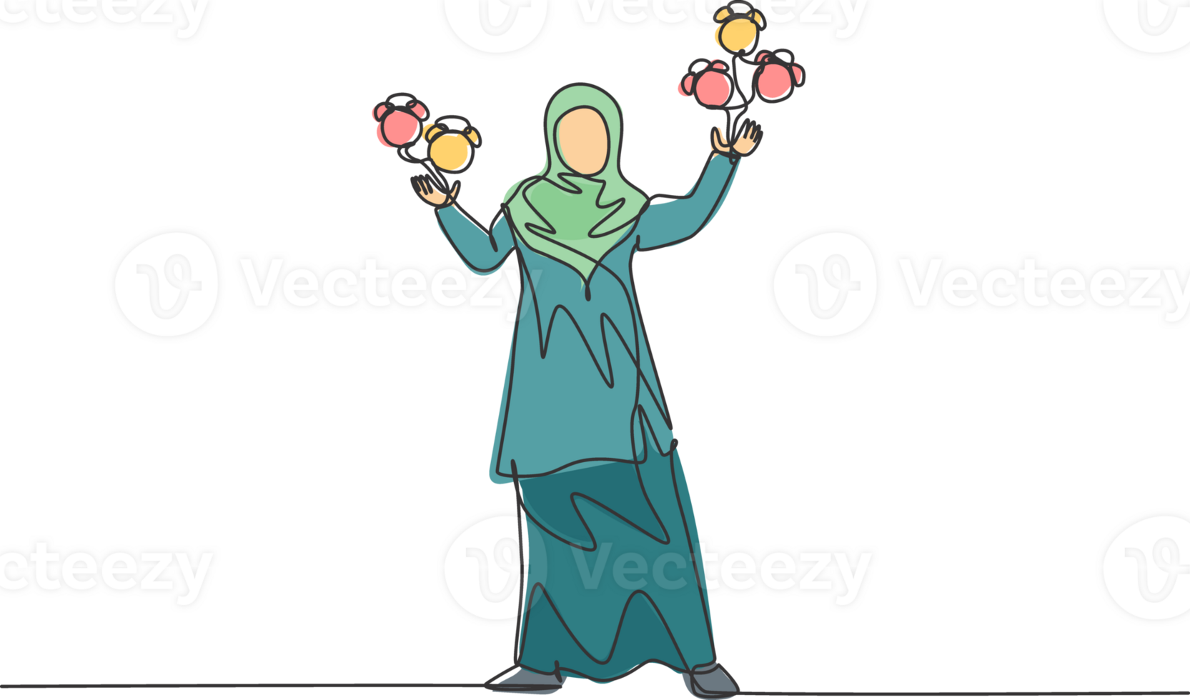 Single one line drawing of young Arabian business woman juggling alarm analog clock with her hands. Business time discipline metaphor concept. Continuous line draw design graphic illustration. png