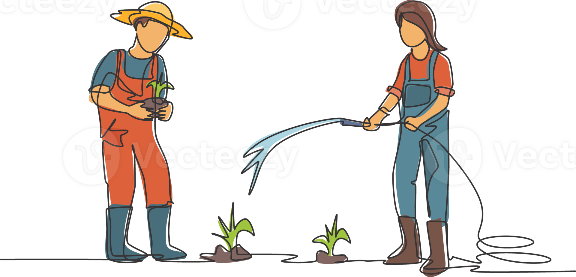 Single continuous line drawing couple farmer watering the plants using a hose and planting new plants. Farmer planting activities concept. Dynamic one line draw graphic design illustration. png