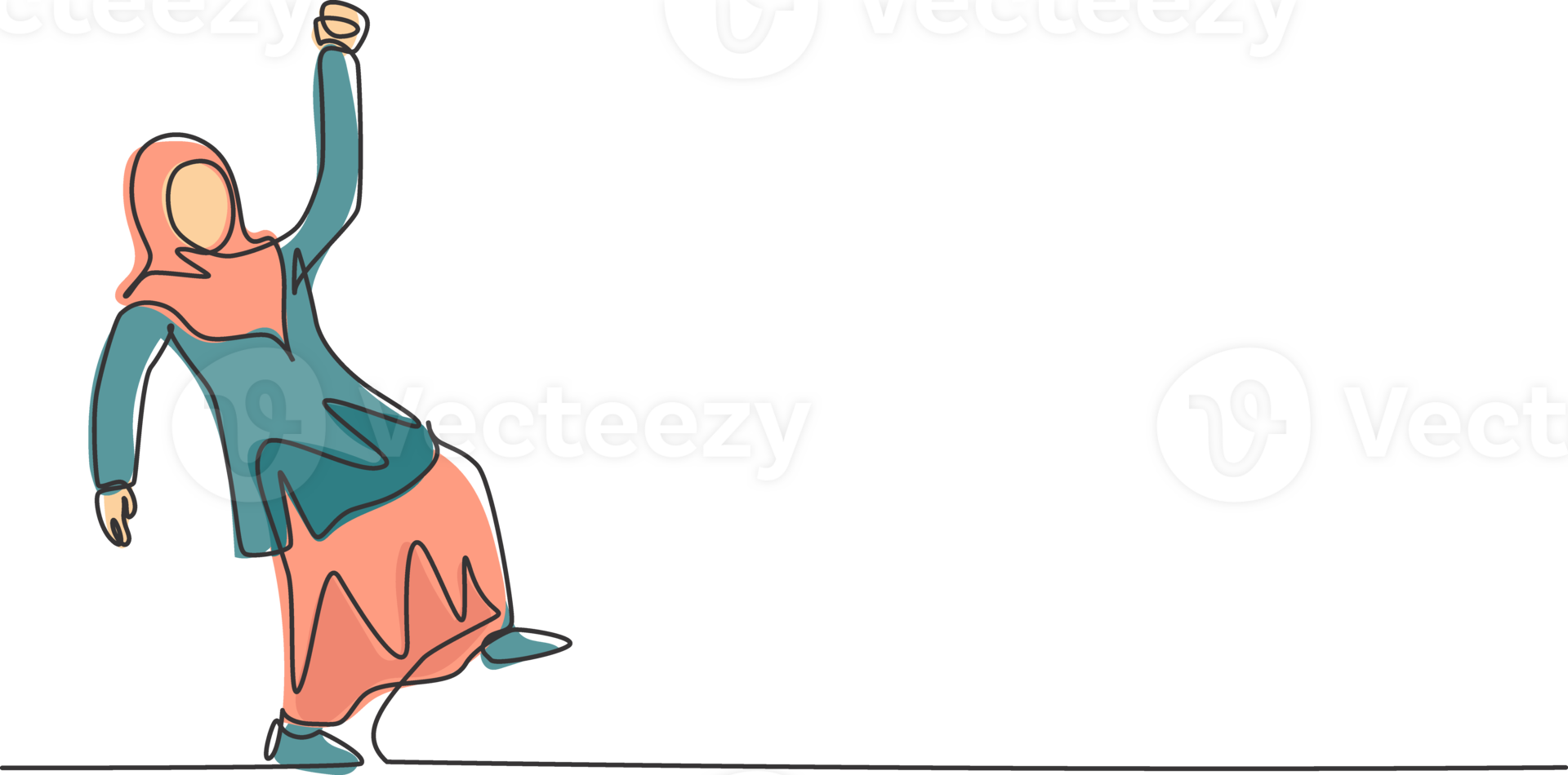 Single kontinuierlich Linie Zeichnung jung arabisch Geschäft Frau Tanzen auf das Straße. glücklich Arbeiter feiern ihr Leistung. Minimalismus Metapher Konzept. einer Linie zeichnen Grafik Design Illustration. png