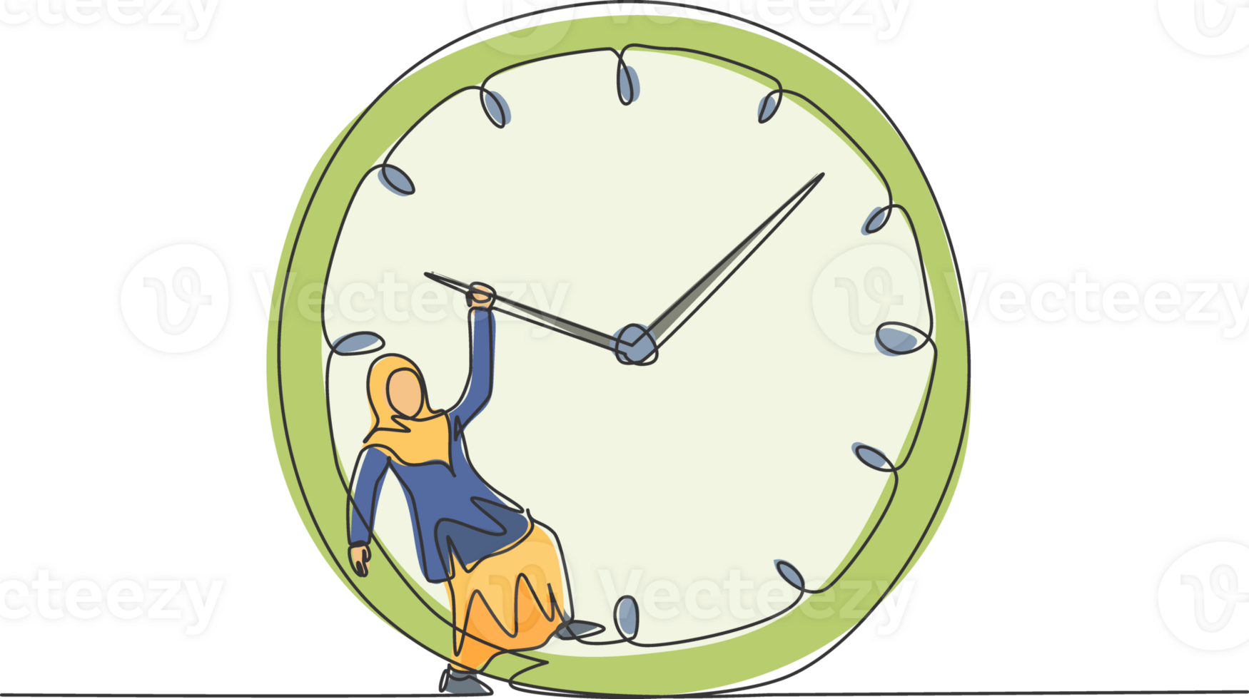 Single continuous line drawing young Arab business woman Hanging on clockwise of giant analog clock. Business time discipline metaphor concept. Dynamic one line draw graphic design illustration png