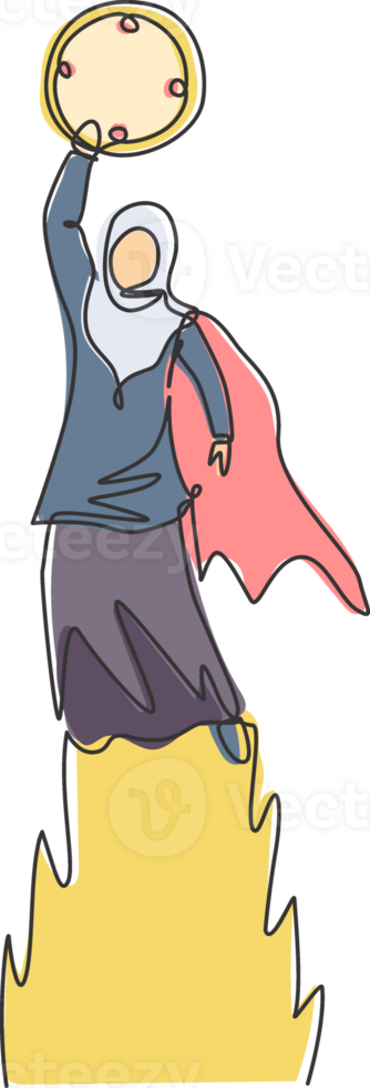 Continuous one line drawing young Arab female worker flying to the sky to reach analog clock. Minimalism metaphor business deadline concept. Single line draw design graphic illustration. png