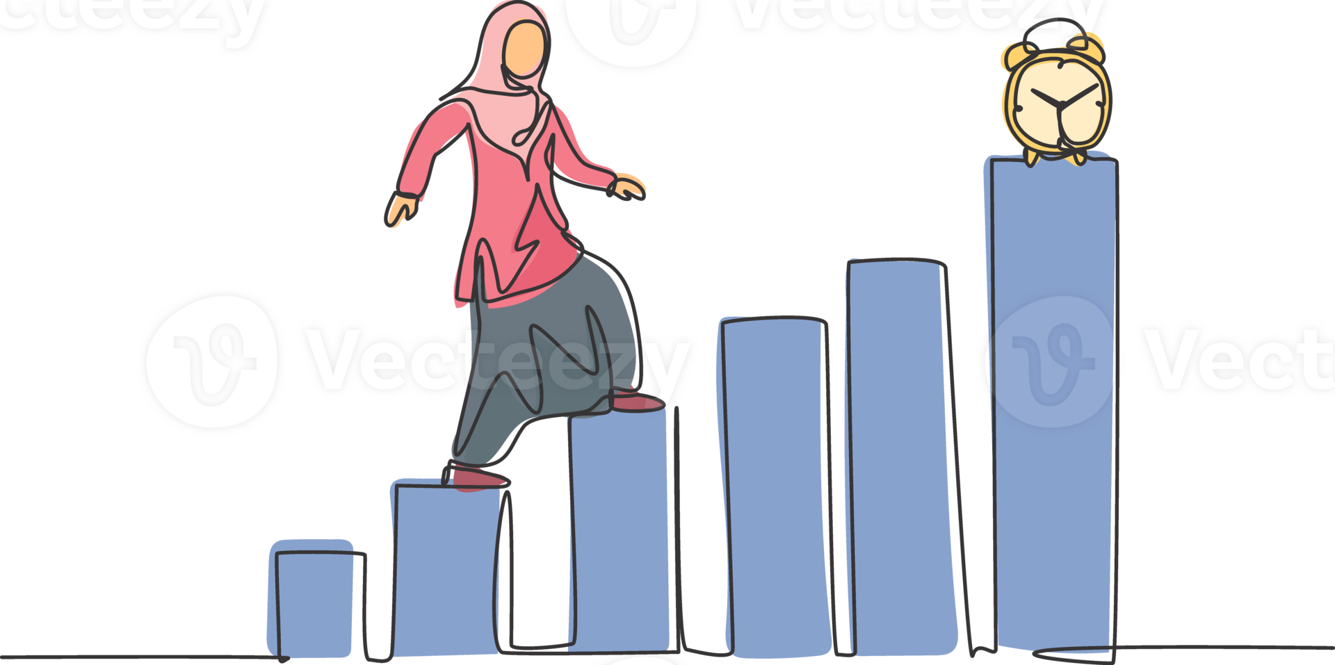 Continuous one line drawing young Arab female worker walking on the graph bar to reach alarm clock. Business time discipline metaphor concept. Single line draw design graphic illustration. png