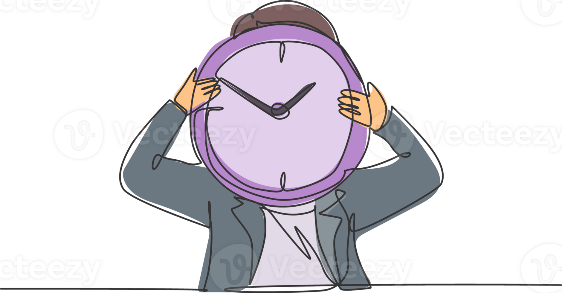 Continuous one line drawing young woman worker holding analog clock head at the office. Time management business discipline metaphor concept. Single line draw design graphic illustration. png