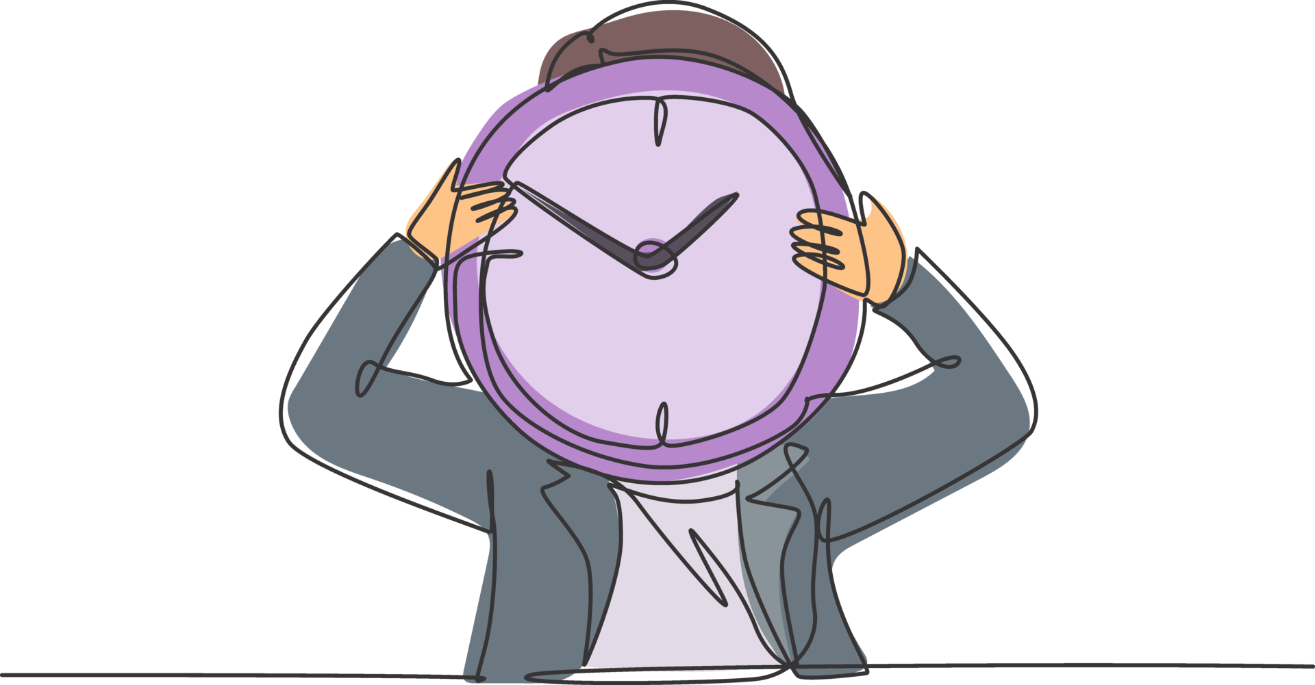 Continuous one line drawing young woman worker holding analog clock