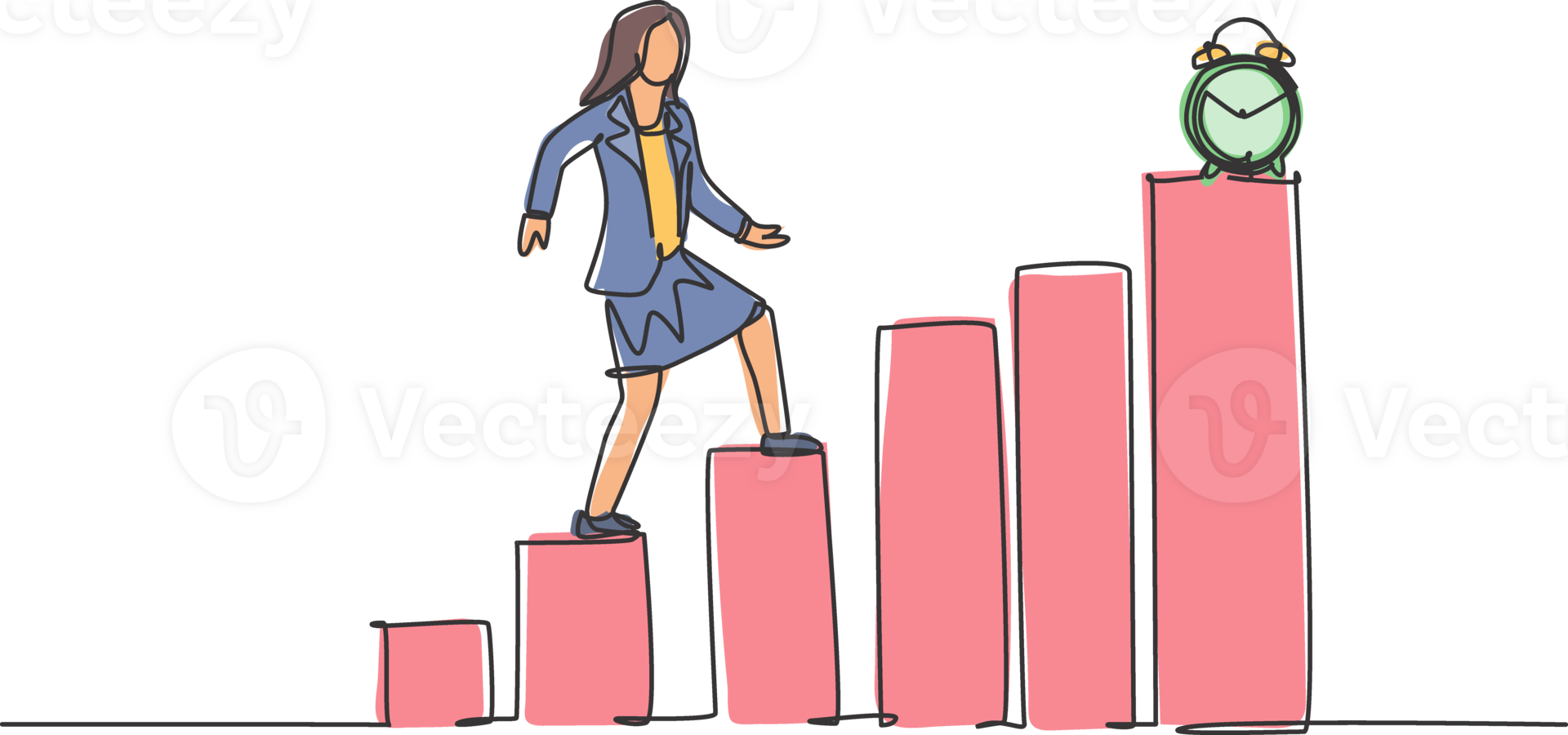 Single one line drawing of young business woman walking on the graph bar to reach alarm clock. Business time discipline metaphor concept. Modern continuous line draw design graphic illustration png