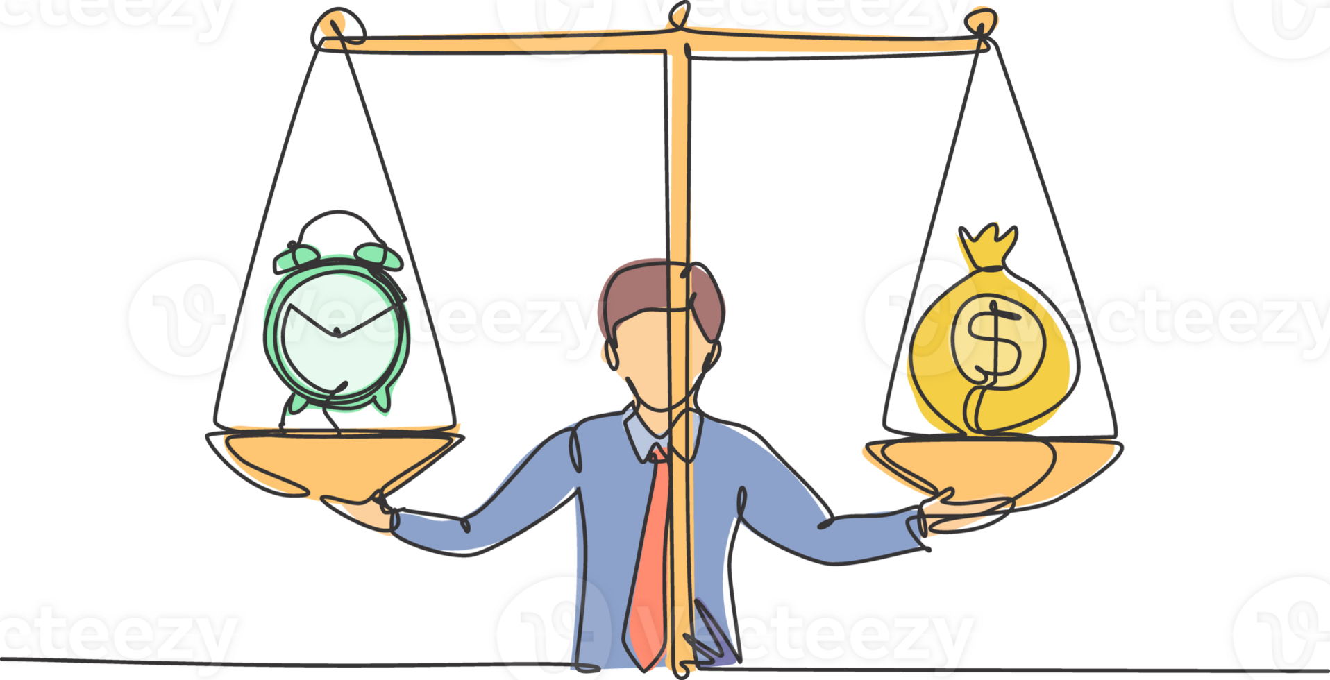 Single continuous line drawing young business man weight money bag and analog clock with scale. Minimalism metaphor business deadline concept. Dynamic one line draw graphic design illustration png