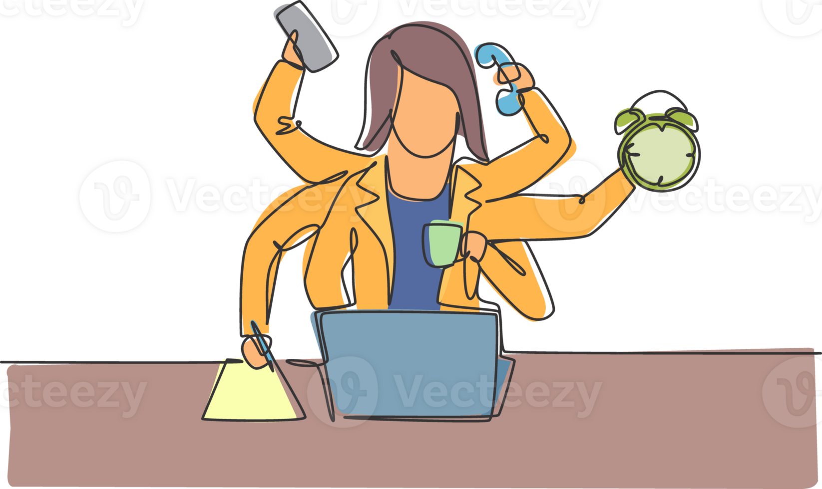 Single one line drawing of young business woman with holding telephone, alarm clock, paper. Business time discipline metaphor concept. Modern continuous line draw design graphic illustration. png