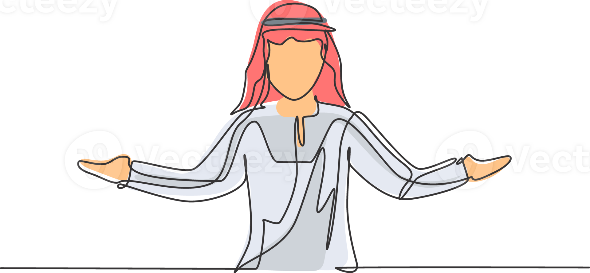 Continuous one line drawing young Arab male worker stretched out his arms. Business presentation to find out solution minimalist concept. Single line draw design graphic illustration. png