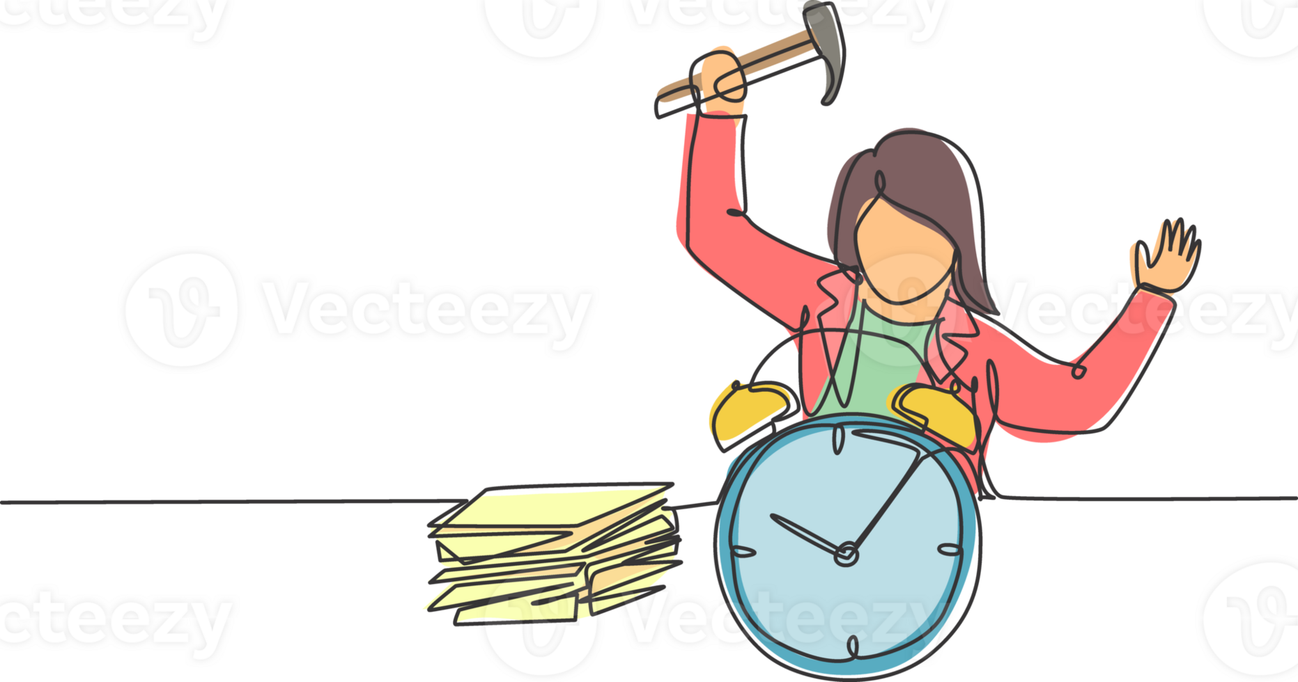 Continuous one line drawing stressful business woman hit the alarm clock with hammer. Minimalism metaphor business deadline concept. Single line draw design graphic illustration. png