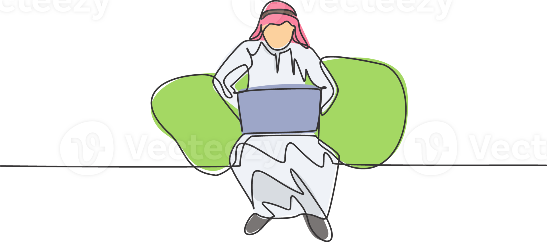 Continuous one line drawing young Arab male worker sitting on sofa while typing business proposal on laptop. Manager preparing work concept. Single line draw design graphic illustration. png